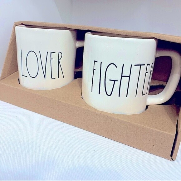 Rae Dunn Lover & Fighter Ceramic Coffee Mug Set‎ - Picture 1 of 5